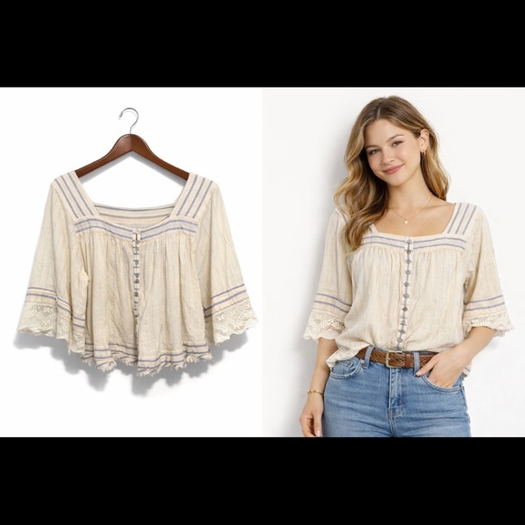 Free People Tops - Free People See Saw Top with glitter thread Boho Peasant Lace Trim Top Small